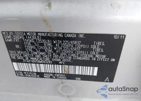 2011 Toyota Rav4 z USA, uszkodzony, nr VIN 2T3ZF4DV5BW093292